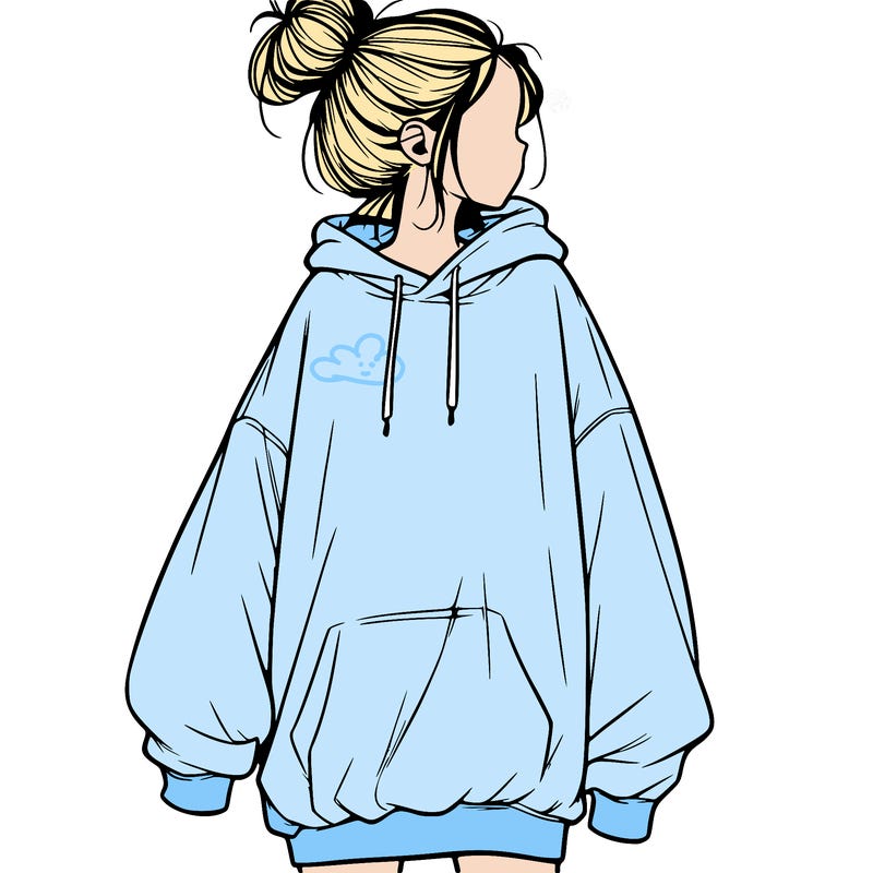realistic girl with a oversized sweatshirt on and a bun