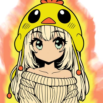 anime girl with chick shaped hat with sweater with bare shoulders with bangs covering them one eye with low tail