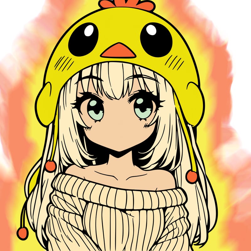 anime girl with chick shaped hat with sweater with bare shoulders with bangs covering them one eye with low tail