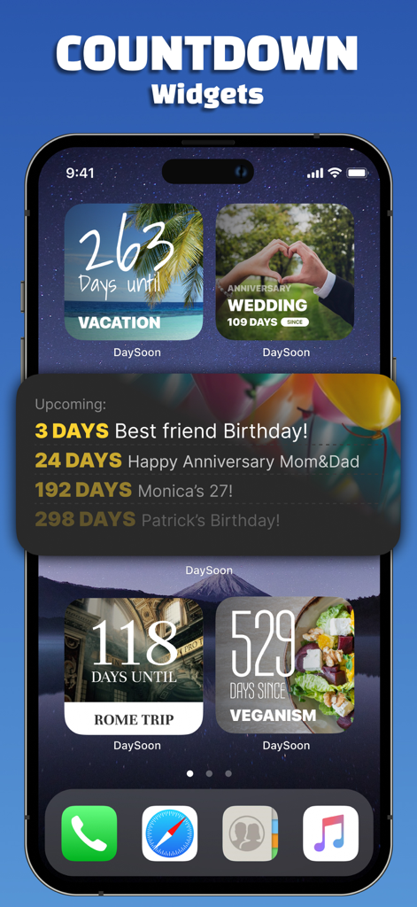 Day Counter Widget - DYZO - Widgets de cuenta regresiva personalizables en la pantalla de inicio de un iPhone para hacer seguimiento de vacaciones, cumpleaños y objetivos de vida.