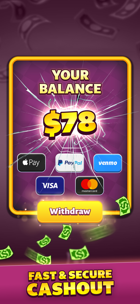 Tile Match - Win Cash - A mobile game screen showing a balance of 78 dollars and secure cashout options like PayPal Apple Pay and Venmo