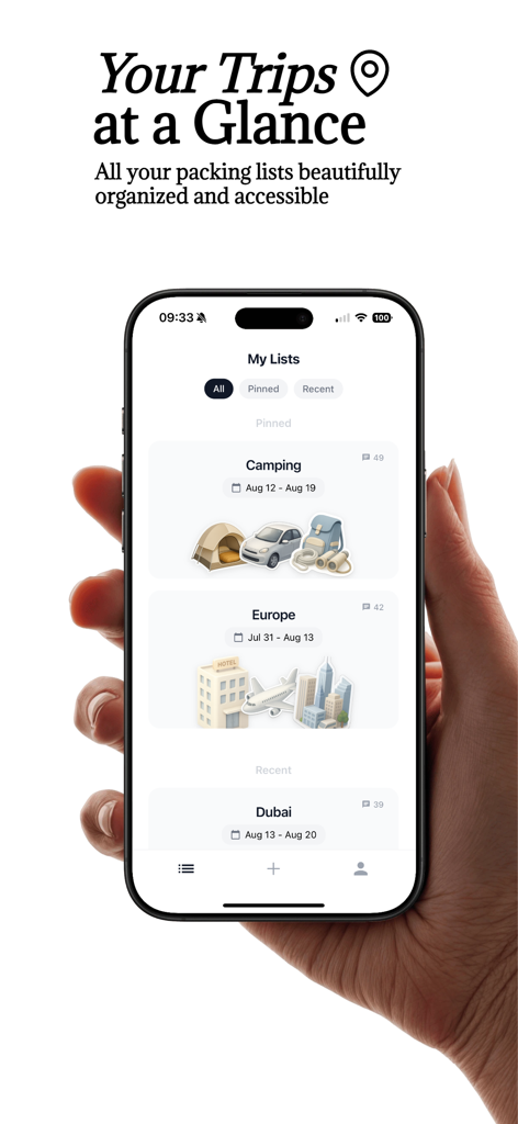 Pantalla de iPhone mostrando las listas de equipaje de viaje y las categorías de la aplicación Bagio