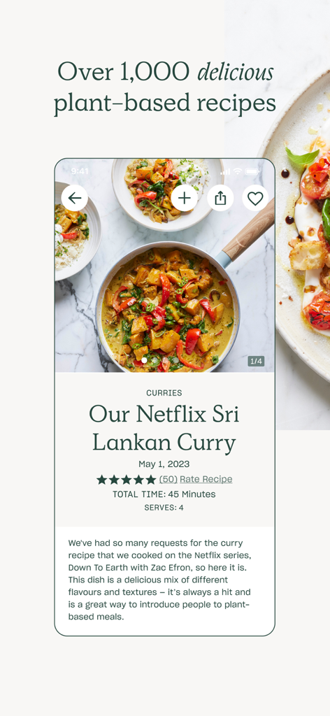 Plant based Sri Lankan curry recipe displayed on the Deliciously Ella Feel Better app interface