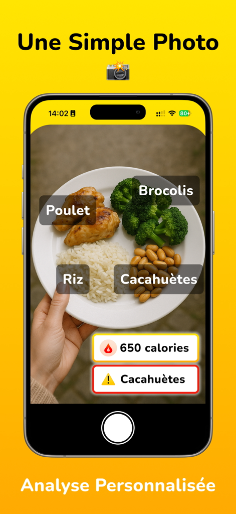 Zesty - Photo Calories - Pantalla de smartphone mostrando reconocimiento de alimentos para rastreo de calorías y detección de alérgenos