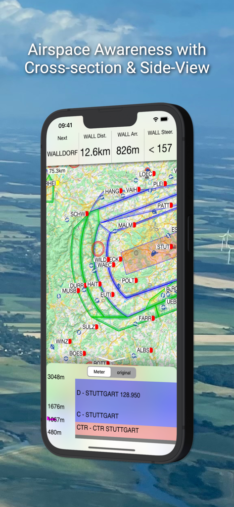 Interfaccia dell'app iGlide Advanced che mostra una mappa di navigazione aliante e una vista laterale della sezione trasversale verticale dello spazio aereo.