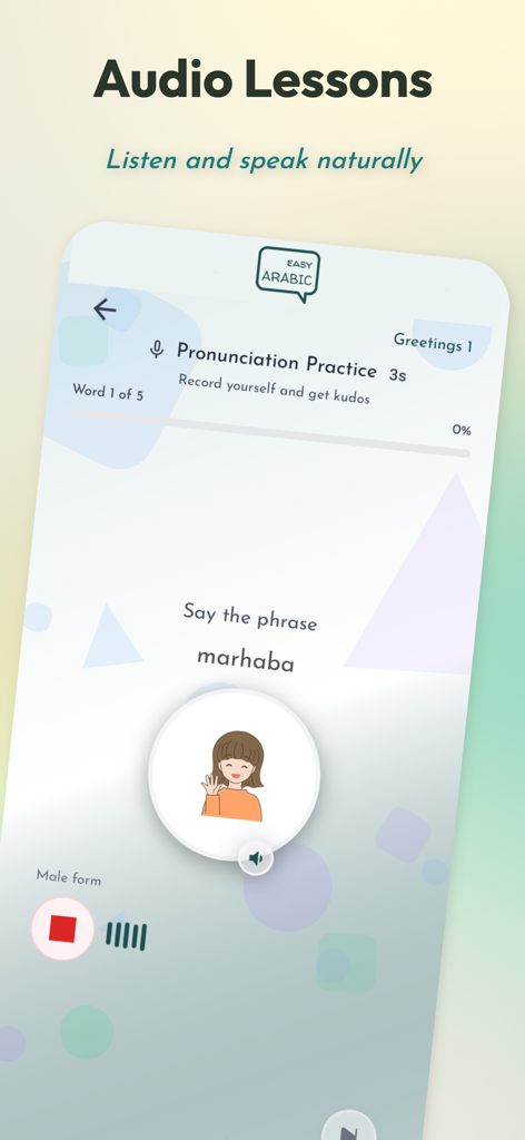 Easy Arabic - Learn & Speak - A screenshot of the Easy Arabic app showing an interactive pronunciation practice screen for the phrase marhaba.