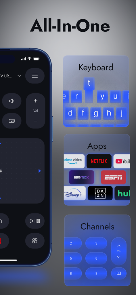 Universal TV remote app interface featuring keyboard apps and channel controls