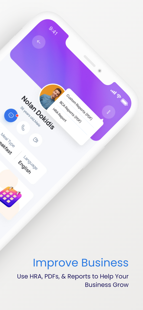 NutriSwift app interface showing a client profile with options to generate HRA and BCA PDF reports.