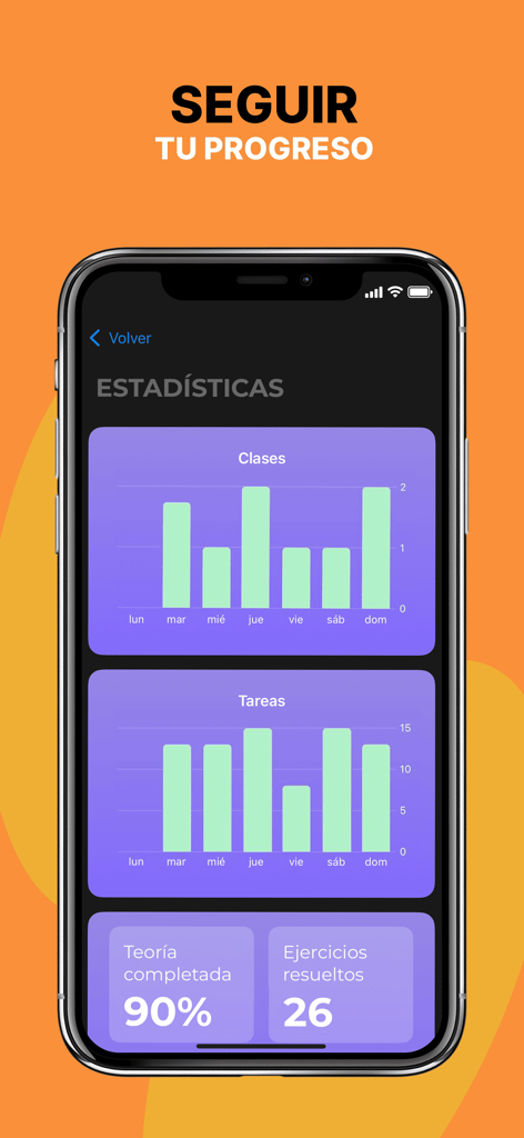 Física: teoría y ejercicios - Pantalla de smartphone mostrando estadísticas de progreso del estudiante y gráficos en una app de educación de física