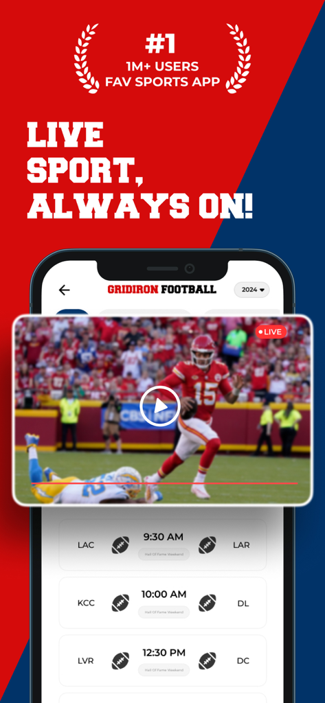 Streameast app interface displaying a live American football game and a schedule of upcoming matches.