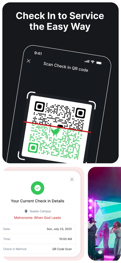 Celebration Church Int'l (CCI) - Mobile app interface for scanning a QR code to check in to a church service.