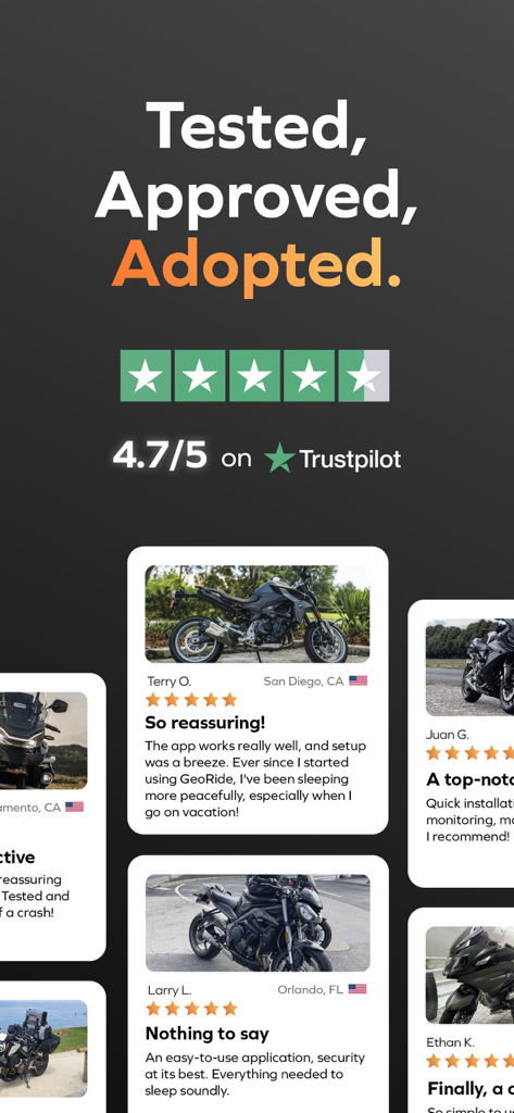 GeoRide - The Motorcycle App. - Screenshot di recensioni positive degli utenti e alto punteggio Trustpilot per l'app per moto GeoRide