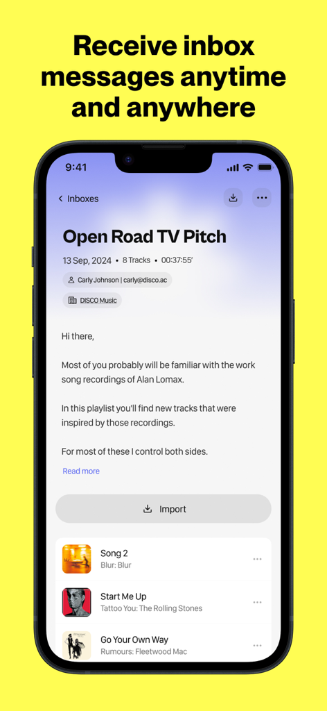 DISCO Music Management - DISCO Music Management app showing a music pitch message in the inbox with a track list and import button