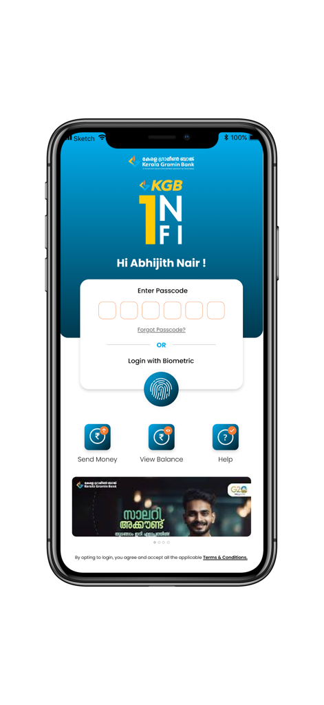 Login screen of the KGB Infi mobile app featuring passcode entry and biometric authentication options for Kerala Gramin Bank.