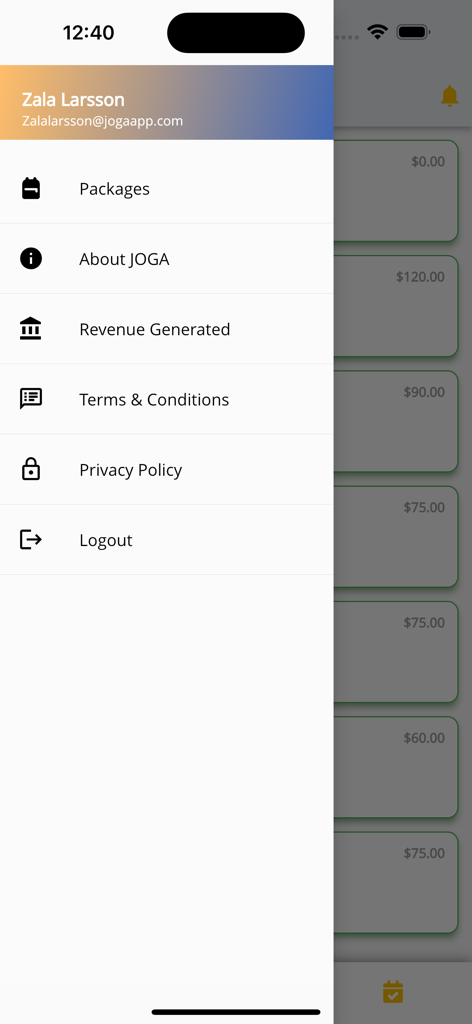 Spa Business - Menu de navegação lateral da aplicação Spa Business mostrando links para pacotes de receita gerada e configurações de conta