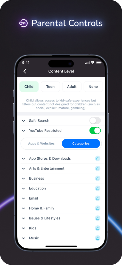 NETGEAR Nighthawk app screenshot showing parental control content level settings for children