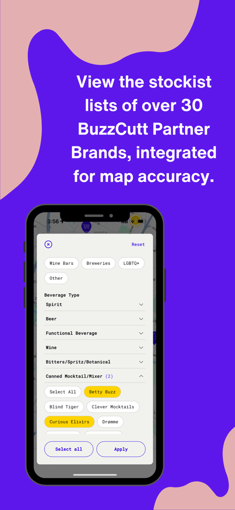 BuzzCutt - BuzzCutt mobile app screen showing filters for non alcoholic drink types and partner brands
