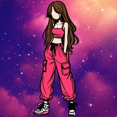 girl in baggy pants crop top and long hair