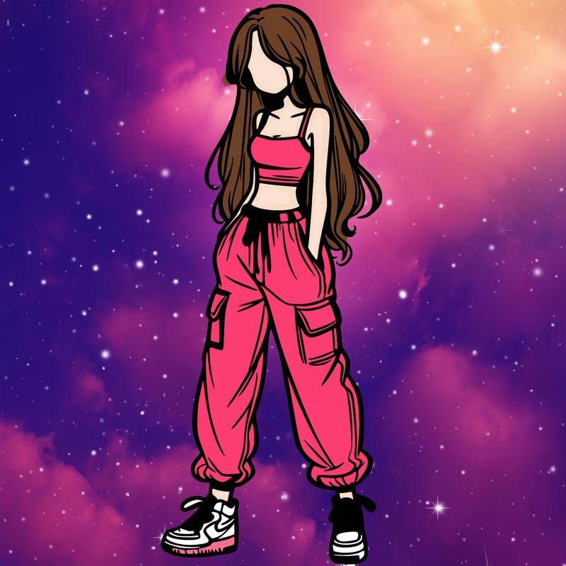 girl in baggy pants crop top and long hair