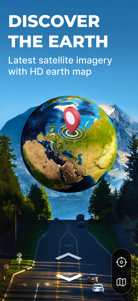 Earth Map 3D - Street View Map - Floating 3D globe with a red location pin over a scenic mountain road background
