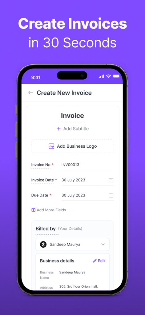 Refrens Invoice maker Bill App - Mobile interface of the Refrens app showing the creation of a new invoice with customizable fields