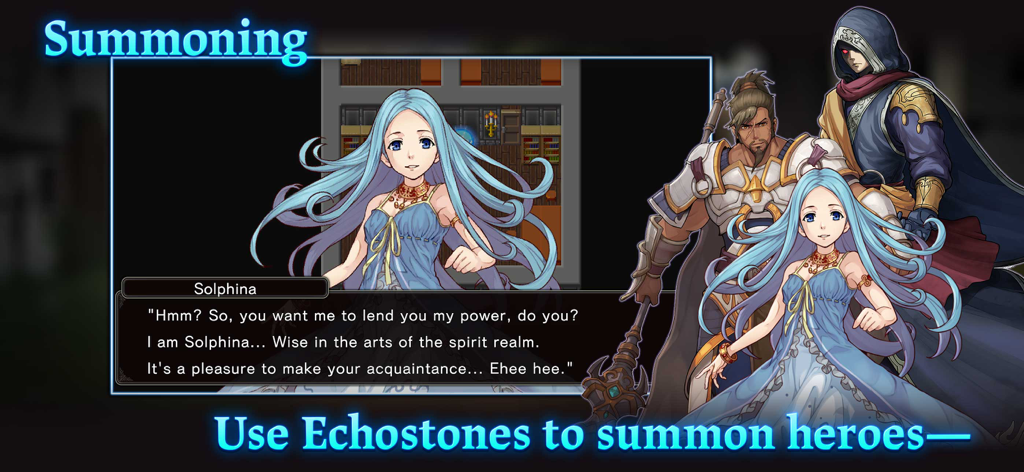 Captura de pantalla de RPG Astral Takers mostrando la invocación del personaje Solphina con el texto Usa Piedras Eco para invocar héroes.