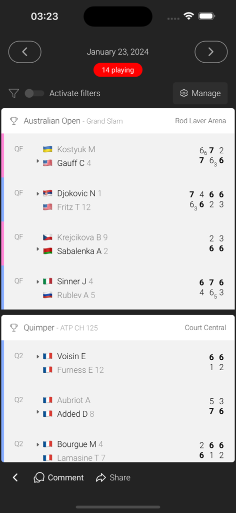 Tennis Temple - Affichage en direct des scores de tennis, avec les résultats de l'Open d'Australie et des tournois Challenger, les sets et les noms des joueurs.