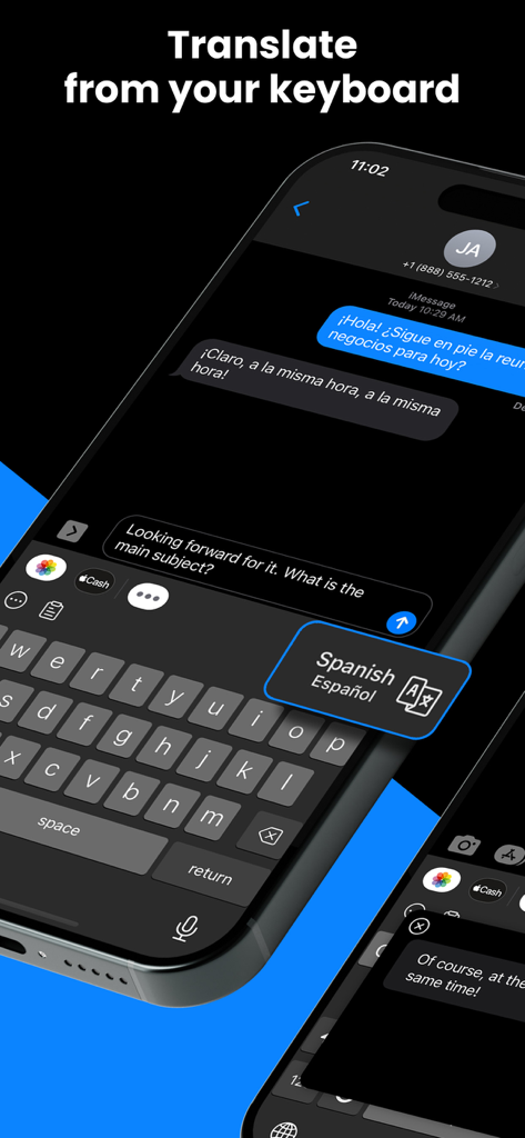 Kate • Keyboard Translator - A smartphone showing the Kate Keyboard Translator app translating messages in real-time within iMessage between English and Spanish