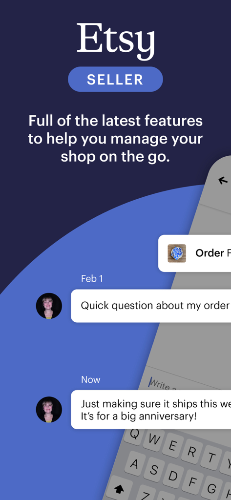 Etsy Seller: Manage Your Shop - Etsy Verkäufer App Mobile-Oberfläche, die Kundenchatnachrichten und den Slogan zur Shop-Verwaltung anzeigt