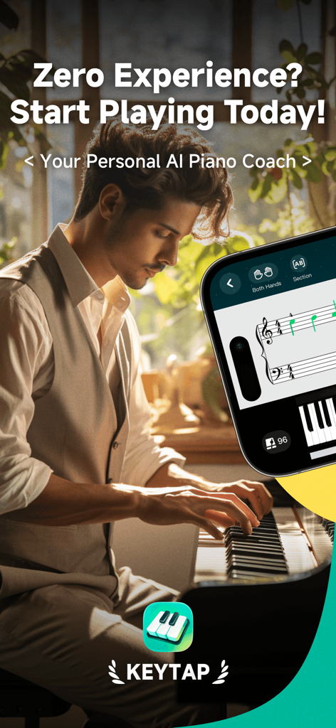 Un hombre tocando el piano mientras usa la aplicación KeyTap AI Piano Coach en un teléfono inteligente