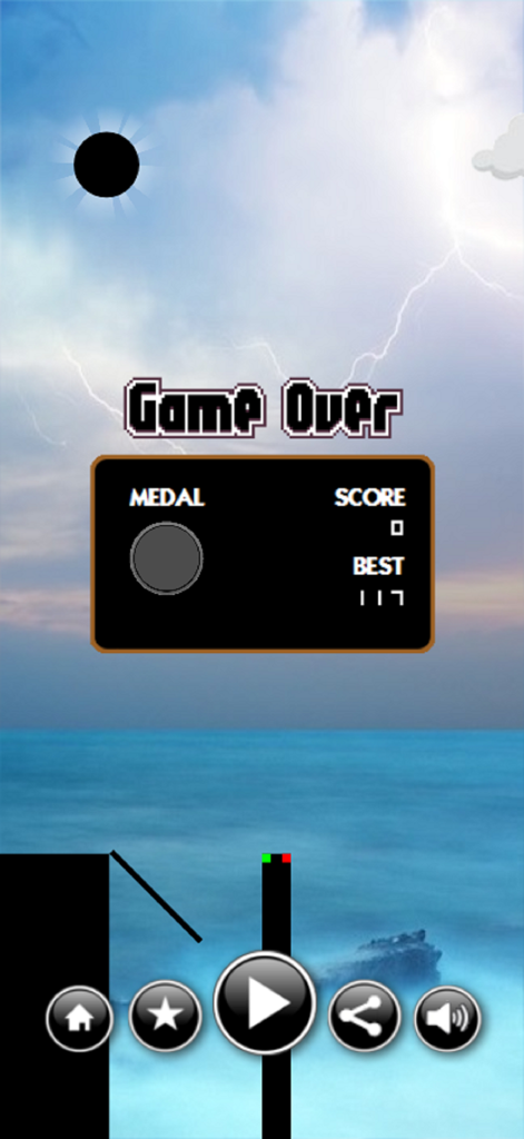 Stick Ninja - Stick Ninja mobile game over screen showing a score of zero and best score of one hundred seventeen over a stormy sea background.