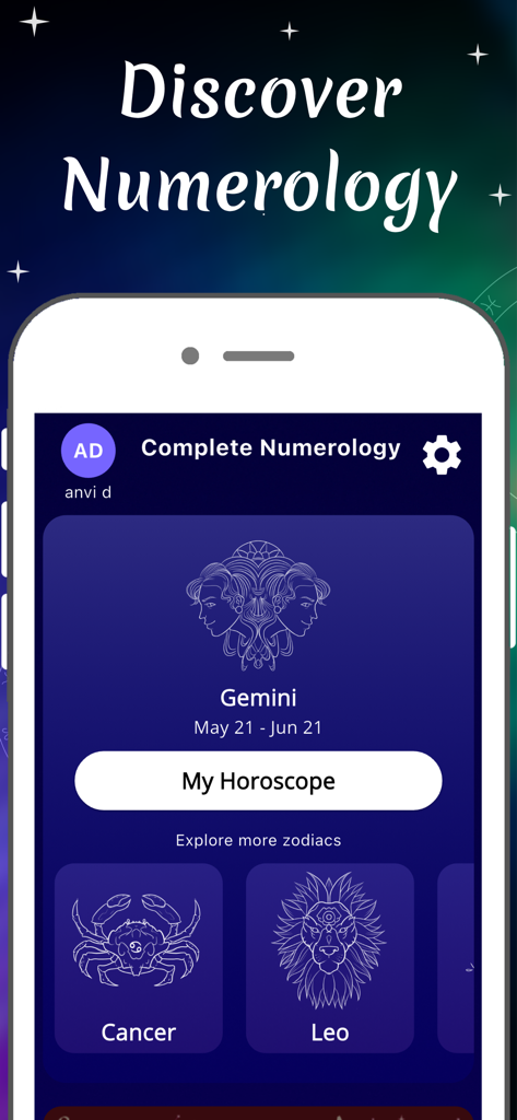 Numerology Future Astrology - 数秘術アプリの発見画面、双子座のホロスコープと星座のオプションが表示されています