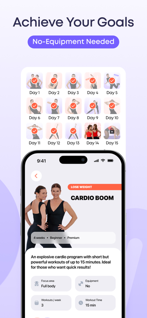 WOWBODY: Home Workout Women - WOWBODY app screen showing a 15-minute cardio boom workout plan and a 15-day progress tracker.