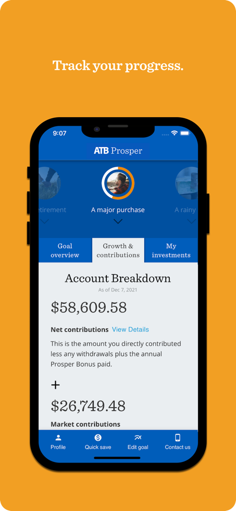 ATB Prosper Dashboard - Interface do aplicativo móvel ATB Prosper Dashboard mostrando detalhamento da conta e crescimento do investimento para uma meta de compra importante