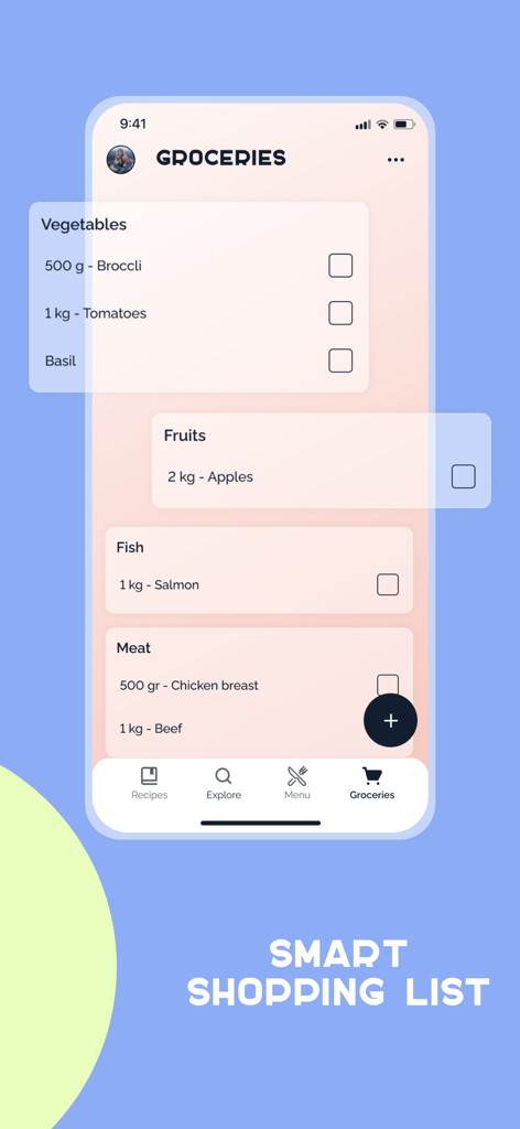 Interface of the smart shopping list in the Plate meal planner app showing grocery items organized by food categories
