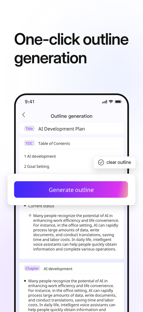 AiPPT- AI Presentation Maker - AI 개발 계획에 대한 원클릭 프레젠테이션 개요 생성을 보여주는 AiPPT 앱의 모바일 인터페이스.