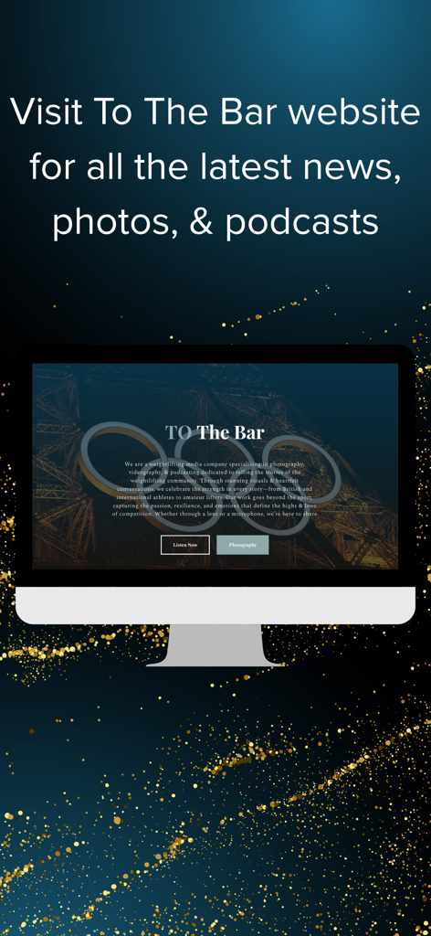 Q-Points Calculator - Desktop monitor displaying the To The Bar website for weightlifting news photos and podcasts