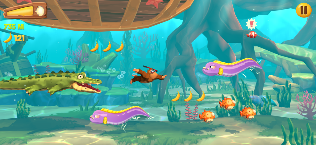 Banana Kong 2 - Banana Kong nadando bajo el agua mientras esquiva a un cocodrilo y anguilas eléctricas en un nivel de laguna