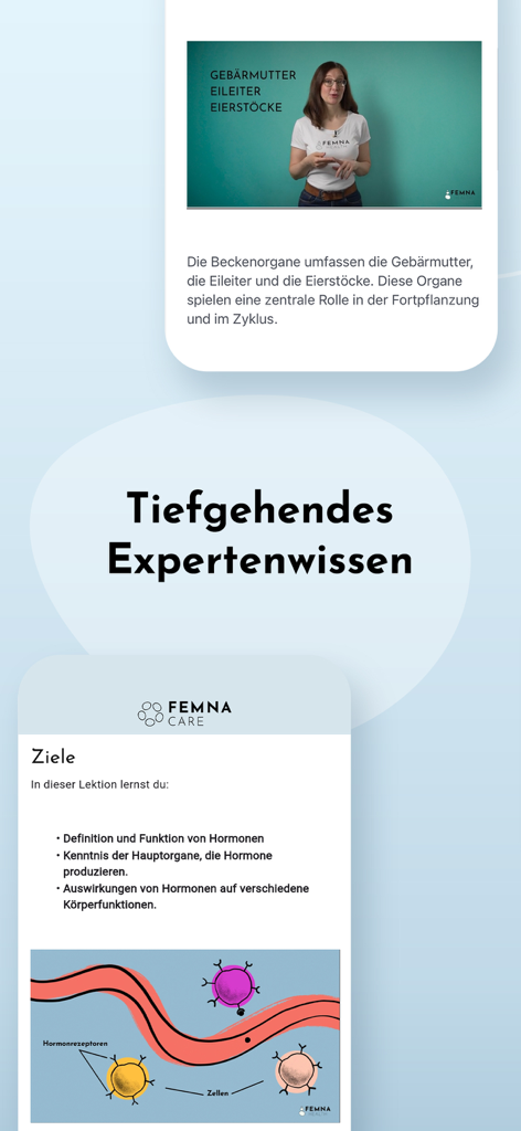 FEMNA Care - Educational screens from the FEMNA Care app featuring video lessons and scientific information about female hormonal health