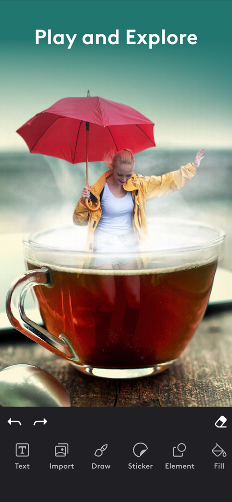 Eine Frau mit einem roten Regenschirm, die mit den kreativen Werkzeugen der Photoleap-App in eine Teetasse editiert wurde