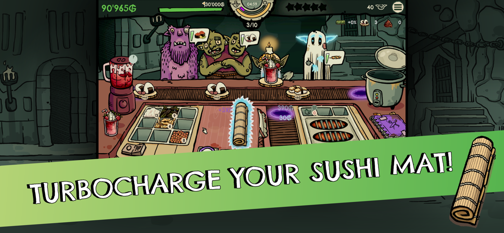 Goblin Sushi - Goblins at a sushi bar counter with a prompt to turbocharge the sushi mat.
