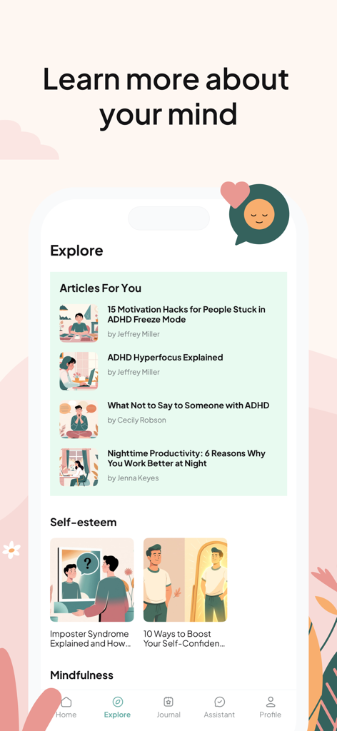 Omna: Mental Health - Explore tab of the Omna app showing educational articles on ADHD and self esteem.