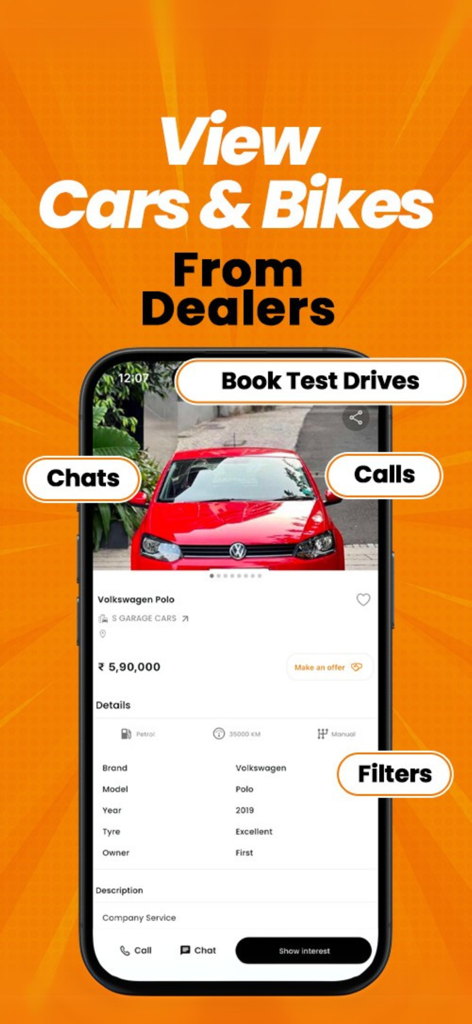 Motomap:Find Used Cars & Bikes - Interfaz de la aplicación Motomap que muestra un anuncio de un Volkswagen Polo de segunda mano con opciones para chatear, llamar y reservar pruebas de conducción