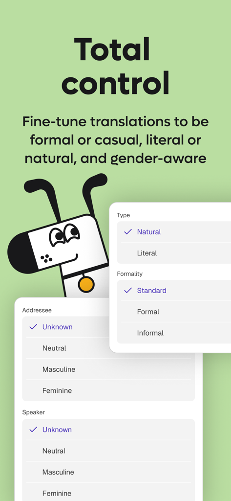 Kagi Translate 인터페이스는 형식 유형 및 성별 인식 옵션을 보여줍니다.