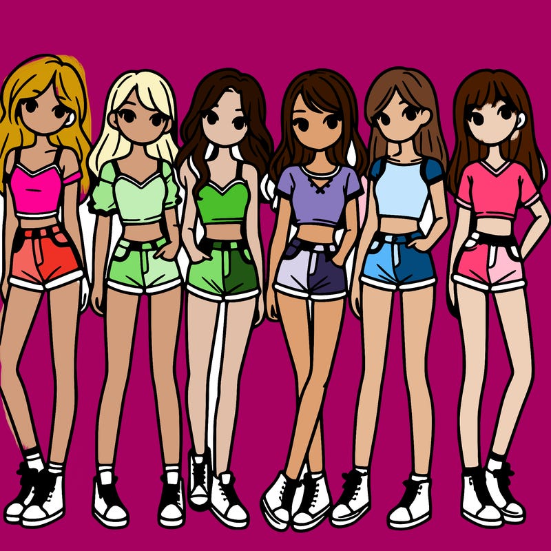 a group of girls wearing crop tops and shorts