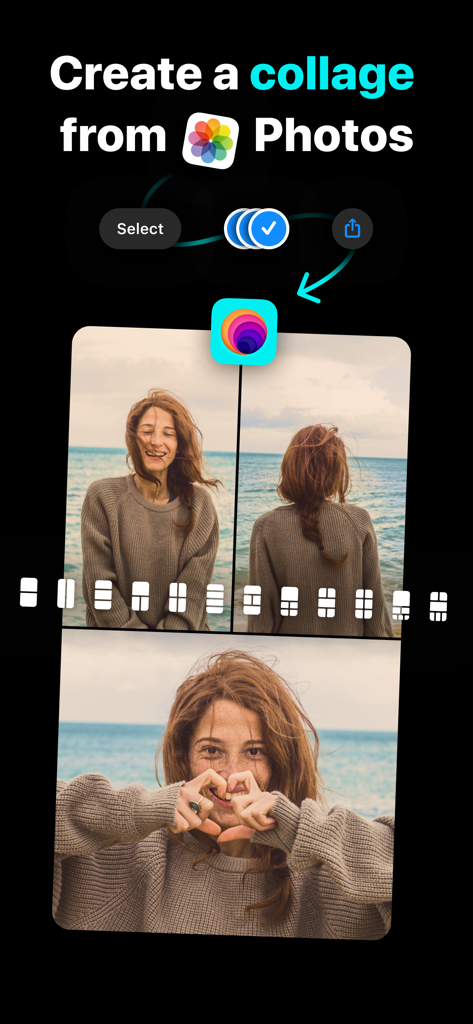 An iPhone screen showcasing the to Stories app interface for creating a photo collage with multiple layout options.