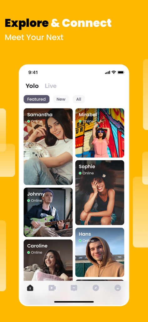 Yolo: Video Chat, Live Stream - Smartphone screen displaying the Yolo app with photos of people online and the heading Explore and Connect