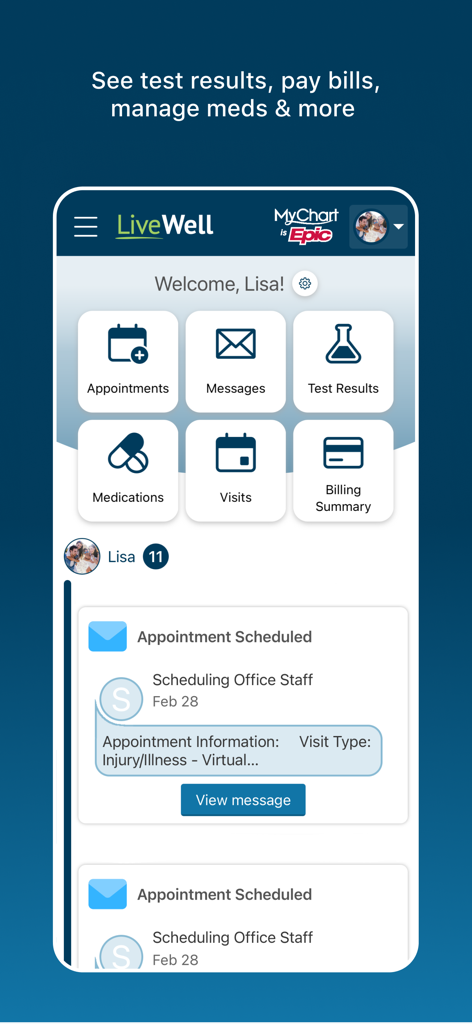 Dashboard of the LiveWell app showing health management options for appointments, test results, and billing.