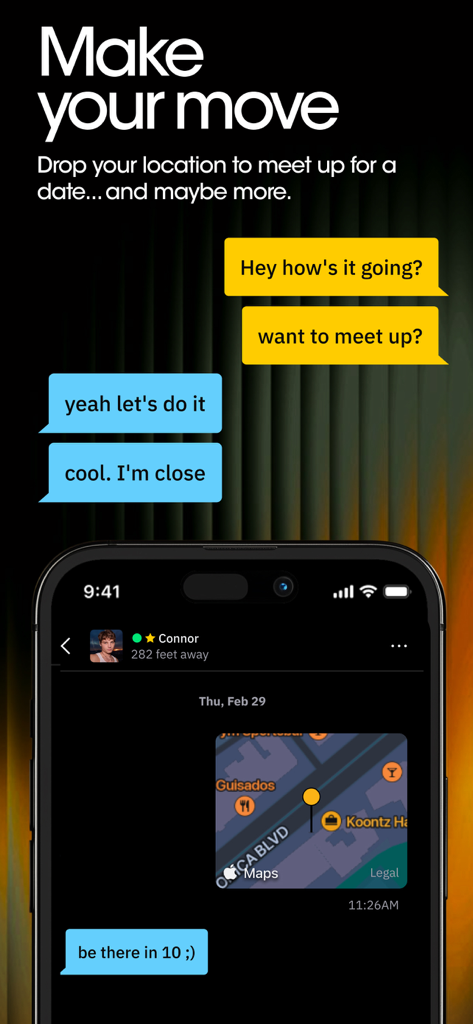Grindr chat interface showing a shared map and a conversation between two users planning to meet up