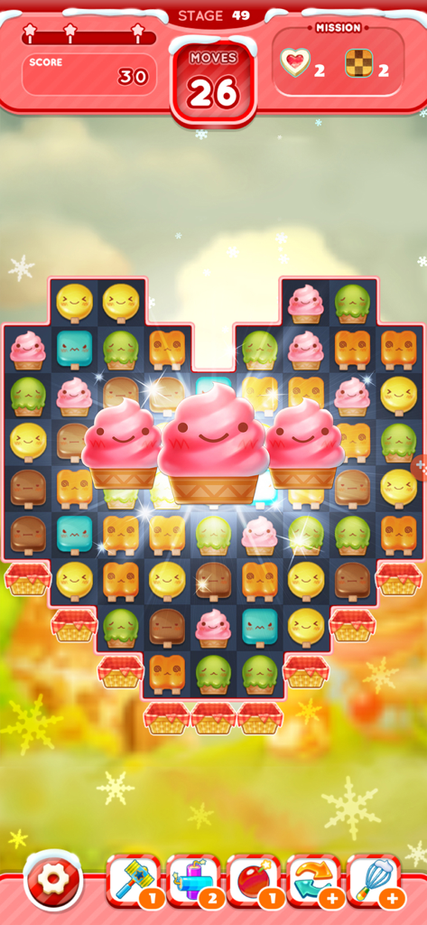 Ice Cream Mania:Match 3 Puzzle - Gameplay screen of Ice Cream Mania Match 3 Puzzle featuring a heart shaped board with cute ice cream characters.
